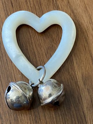 Antique Rare Sterling Silver Baby Rattle Mother Of Heart Nr