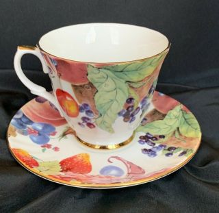 Rare Royal Winchester Porcelain Teacup & Saucer Red Cherry & Fruit Pattern Gold