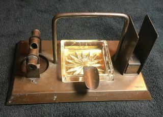 Rare Antique Brass And Glass Cigar Cutter,  Match Holder,  Ashtray