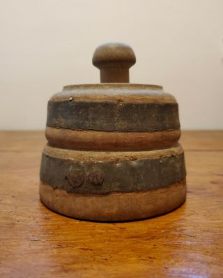 Primitive And Rare Hand Carved Wood Butter Mold Press Stamp With Metal Bands