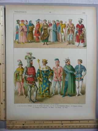 Rare Antique Orig Vtg French Medieval Knight Armor King Costumes Litho Art Print
