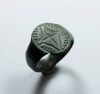 Rare Ancient Late Roman Bronze Ring With Cross On Bezel - Wearable Artifact