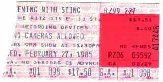 Vintage Sting Concert Ticket Stub - The Ritz,  Nyc - 1985 - Very Rare