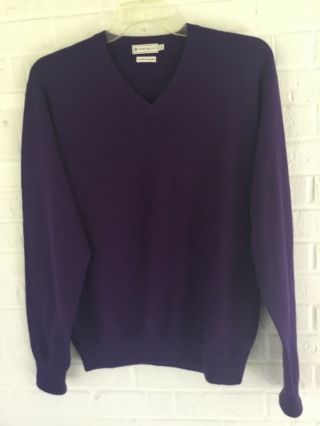 Vintage Peter Miller 4 Ply 100 Pure Cashmere Mens L V - Neck Sweater Purple Rare
