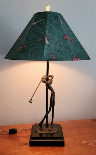 Rare Vtg Frederick Cooper Bronze Lamp W/ Shade 22 " Tall Golfer Golf Wow