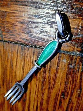 Nos Rare Antique Early 1900s.  800 Pure Silver Enameed Mini Fork Pendant 2 - 1/4 "