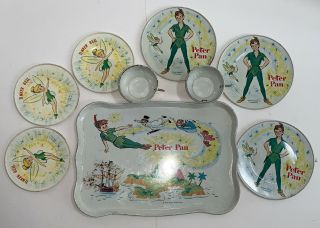 Rare Vintage Peter Pan & Tinkerbell Tin Tea Set Walt Disney Productions