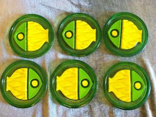 Vintage Set Of 6 Green & Yellow Plastic Fish Over Green Lucite Coasters Mcm Rare