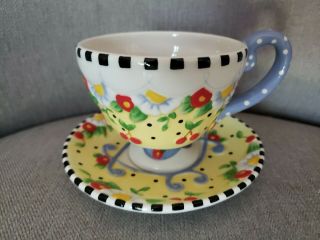 Vtg Mary Engelbreit Ceramic Tea Cup & Saucer 2 Pc Set ©2002 Rare