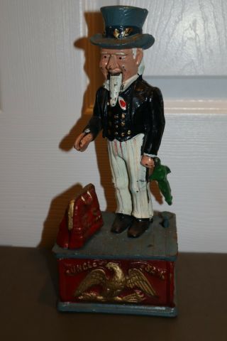 Vintage Cast Iron Uncle Sam Mechanical Bank Made In Taiwan 11 " Tall Heavy & Rare