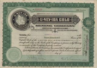 Usa U - Nev - Ida - Gold Mining Company Stock Certificate 1917 Rare