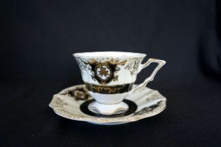 Rare Vintage Handpainted Japan - Ucagco China - Black & Gold Tea Cup & Saucer Set