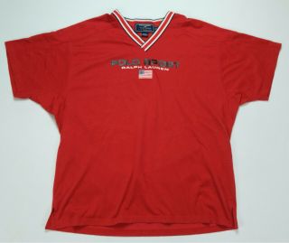 Rare Vtg Polo Sport Ralph Lauren Spell Out Usa Flag Striped V Neck T Shirt 90s X