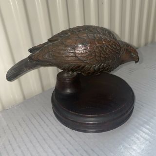 Heavy Bronzed Spelter Figurine - Bird Of Prey - Eagle - Wooden Base - Rare