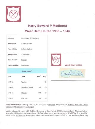 Football Autograph Harry Medhurst West Ham United 1938 - 1946 Rare Signed