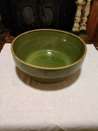 Rare Vintage Green Glazed Yellow Ware Pottery Mixing Bowl - 19th Century