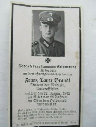 Very Rare Vintage Wwii German Death Card,  Medical Student,  Brandl