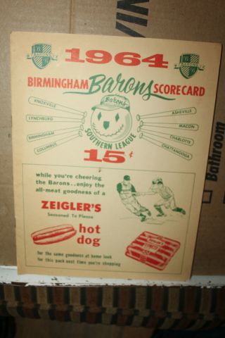 1964 Birmingham Barons Scorecard Baseball Lynchburg White Sox Alabama Rare