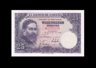 1954 Bank Of Spain 25 Pesetas Madrid Rare " M " ( (gem Unc))