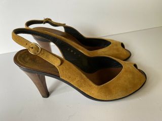 Rare Christian Dior Size 8 60s 70s Slingback Mustard Heels Peeptoe Vintage Shoes