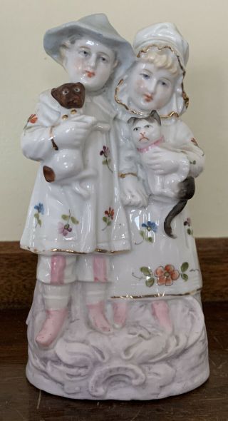Antique Germany (?) Porcelain 6” Figurine Of Boy/girl W/cat & Dog Rare
