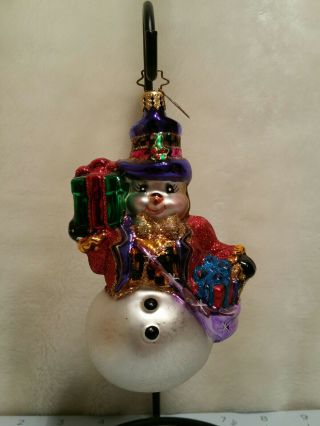 Rare Vintage Christopher Radko 5 " Snowman With Present Glass Christmas Ornament