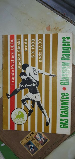 Rare Rangers Programme From Poland V Katowici [uefa] Cup 1988 Also Match Pennent