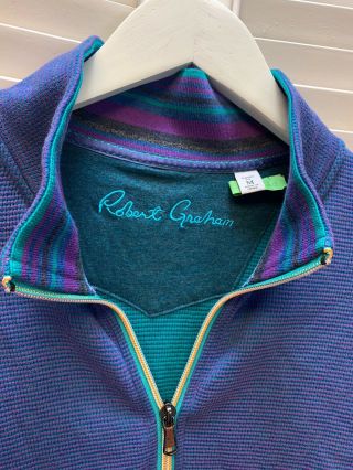 Robert Graham Rare Blue/teal Sweater Flip Cuffs Long Sleeve Full Zip Medium