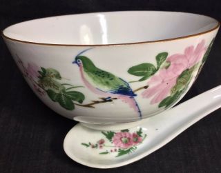 Antique Porcelain Soup Bowl With Two Ladle Rice Spoons Famille Verte Rare