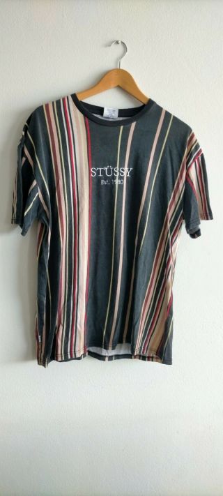 Stussy T - Shirt Vintage Est 1980 Stripped Cool Shirt Surfwear Skatewear Rare