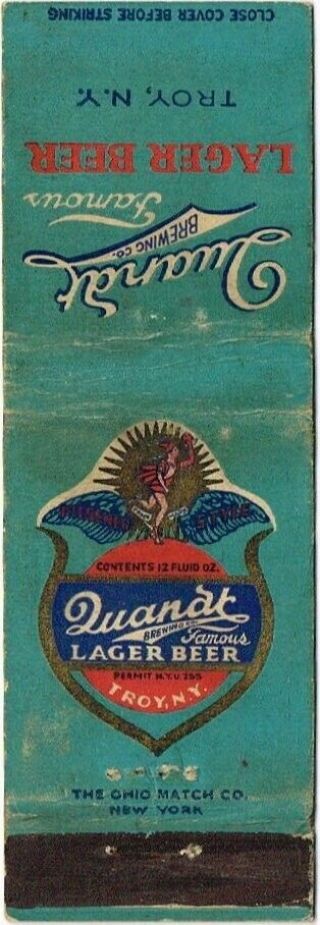 Rare 1930s Troy York Quandt Lager Beer Matchcover Taverntrove