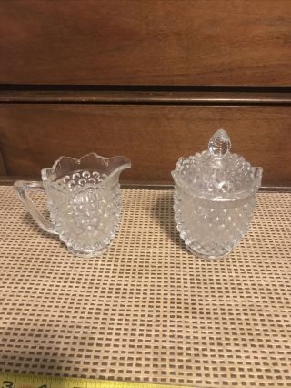 Rare Fenton Crystal Clear Glass Hobnail Cream And Sugar With Lid