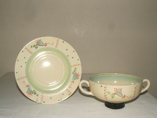 Clarice Cliff Art Deco Rare Pattern Blue Bells Soup Set Truly Stunning
