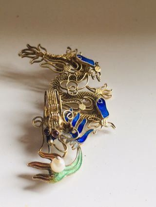 Estate Vintage Rare.  925 Sterling Silver Blue Enamel Gold Wash Dragon Pin Brooch