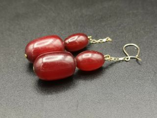 Antique Art Deco Rare Opaque Red Cherry Amber Bakelite Barrel Bead Earrings 5g