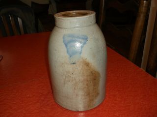 Antique Stoneware Canning Jar Grey W/cobalt Swirl Rare 1 Handle 1 Gal 10 "