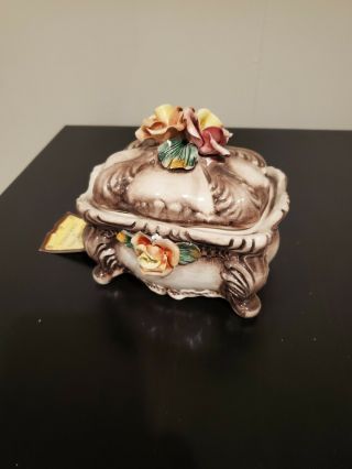 Vintage Rare Capodimonte Porcelain Rose Flower Box Made N Italy Ga - 202