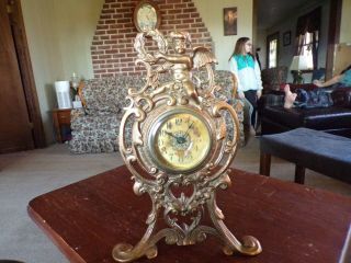 Very Rare Antique Art Nouveau Cast Iron Angel Cherub Mantel Clock