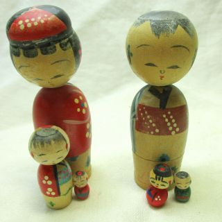 Vintage Japanese Wooden Nesting Doll Kokeshi Bobblehead Family Of 6 Japan Rare
