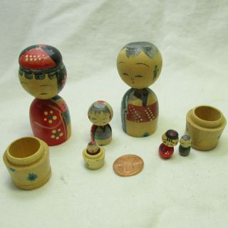 Vintage Japanese Wooden Nesting Doll Kokeshi Bobblehead Family of 6 Japan RARE 2