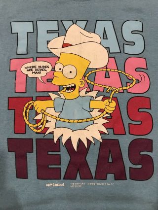 Rare 1990 The Simpsons Bart Texas T Shirt “where Dudes Are Dudes” By Ssi Youth M