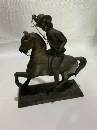 Vintage Bronze Metal Statue Figurine Horse And Cowboy With Rope Rare