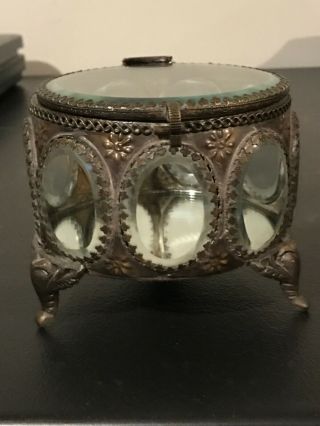 Unusual Rare Vintage Beveled Glass Vanity Trinket Jewelry Box Filigree Footed 2