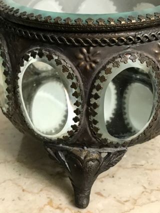 Unusual Rare Vintage Beveled Glass Vanity Trinket Jewelry Box Filigree Footed 3