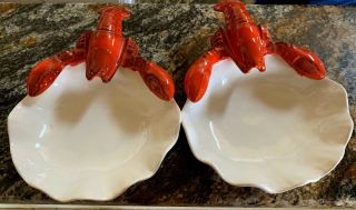 2 Rare Mid Century Lg Red 3d Ceramic Lobsters On Scallop Clam Shell Dip Bowls