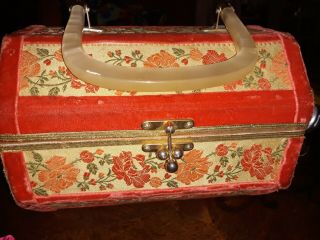Jil Wilkinson Wooden Decoupage Box Purse Lucite Handle Velvet Trim Vintage Rare
