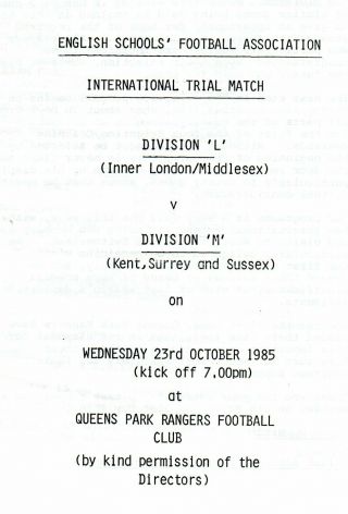 Rare English Schools International Trial At Queens Park Rangers Loftus Road 1985