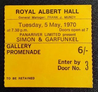 Rare Simon & Garfunkel Concert Ticket From London Royal Albert Hall 5th May 1970