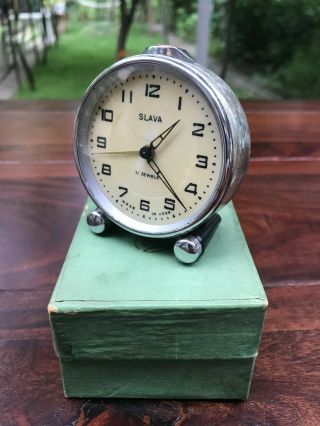 Vintage Mechanical Alarm Clock Slava 11 Jewels Russian Russia Soviet Ussr Rare