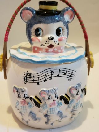 Rare Vintage Made In Japan Biscuit Jar/cookie Jar With Handle/ Mice/